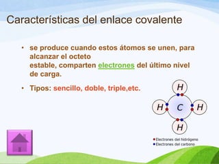 Características del enlace covalente
• se produce cuando estos átomos se unen, para
alcanzar el octeto
estable, comparten electrones del último nivel
de carga.
• Tipos: sencillo, doble, triple,etc.

 