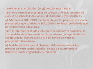 • 2) Adicionar a la solución 1 (0.1g) de colorante natural
• 3) En otro vaso de precipitados se colocan 5 ml de la solución de
cloruro de sebacilo (solución 0.2 M en hexano). (SOLUCIÓN 2).
• 4) Adicionar la SOLUCIÓN 2 lentamente por las paredes del vaso de
precipitados que contiene la SOLUCIÓN 1, teniendo cuidado de que
no se mezclen las dos fases.
• 5) En la interface de las dos soluciones se formará la poliamida, la
cual se debe de tomar con unas pinzas o bien con la punta de una
espátula de tal manera que se jale del centro del vaso de
precipitados hacia fuera.
• 6) Se debe de evitar que el filamento del polímero toque las
paredes del vaso de precipitados, ya que de ocurrir esto, el
filamento puede engancharse y romperse.
 