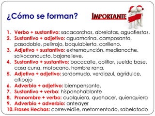 Importante¿Cómo se forman?Verbo + sustantivo: sacacorchos, abrelatas, aguafiestas.Sustantivo + adjetivo: aguamarina, camposanto, pasodoble, pelirrojo, boquiabierto, carilleno.Adjetivo + sustantivo: extremaunción. medianoche, salvoconducto, bajorrelieve.Sustantivo + sustantivo: bocacalle, coliflor, sueldo base, casa cuna, motocarro, hombre rana.Adjetivo + adjetivo: sordomudo, verdiazul, agridulce, altibajoAdverbio + adjetivo: biempensante.Sustantivo + verbo: hispanohablantePronombre + verbo: cualquiera, quehacer, quienquieraAdverbio + adverbio: anteayerFrases Hechas: correveidile, metomentodo, sabelotodo
