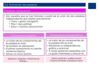 3.3. Formación de palabras
Palabras compuestas
• Son aquellas que se han formado a partir de la unión de dos palabras
independientes que existían previamente:
• Vana + gloria: vanagloria
• Pelo + rojo: pelirrojo
• Saca + corchos: sacacorchos
Compuestos propios
• La fusión de los componentes de
la palabra es total.
• Se escriben sin separación.
• El primer componente no admite
morfemas flexivos.
• Llevan un único acento.
Agridulce, telaraña, matamoscas,
altibajo…
Compuestos sintagmáticos
• La fusión de los componentes de
la palabra NO es total.
• Mantienen su independencia
gráfica y acentual.
• A veces aparecen separados con
un guión intermedio y otras sin él.
Teórico-práctico, político-social
Cocina comedor, problema clave
 