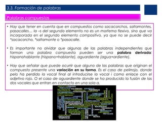 3.3. Formación de palabras
Palabras compuestas
• Hay que tener en cuenta que en compuestos como sacacorchos, saltamontes,
pasacalles… la –s del segundo elemento no es un morfema flexivo, sino que va
incorporada en el segundo elemento compositivo, ya que no se puede decir
*sacacorcho, *saltamonte o *pasacalle.
• Es importante no olvidar que algunas de las palabras independientes que
forman una palabra compuesta pueden ser una palabra derivada:
hispanohablante (hispano+hablante), aguardiente (agua+ardiente).
• Hay que señalar que puede ocurrir que alguno de las palabras que originan el
compuesto presente una variación en su forma. Es el caso de pelirrojo, donde
pelo ha perdido la vocal final al introducirse la vocal i como enlace con el
adjetivo rojo. O el caso de aguardiente donde se ha producido la fusión de las
dos vocales que entran en contacto en una sola a.
 