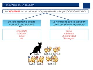 1. UNIDADES DE LA LENGUA
Los MORFEMAS son las unidades más pequeñas de la lengua CON SIGNIFICADO
Un solo morfema puede
constituir una palabra
chocolate
corazón
amor
sol
Lo normal es que se agrupen
para constituir una palabra
Niñ-a
Ide-al-ista
A-moral-idad
Re-cog-e-r
 
