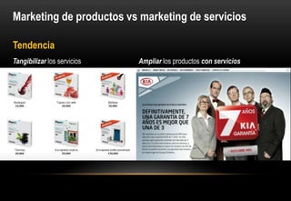 Marketing de productos vs marketing de servicios

Tendencia
Tangibilizar los servicios   Ampliar los productos con servicios
 