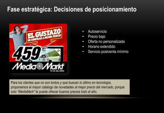 Fase estratégica: Decisiones de posicionamiento


                                                 •   Autoservicio
                                                 •   Precio bajo
                                                 •   Oferta no personalizada
                                                 •   Horario extendido
                                                 •   Servicio postventa mínimo




 Para los clientes que no son tontos y que buscan lo último en tecnología,
 proponemos el mayor catalogo de novedades al mejor precio del mercado, porque
 solo “MediaMark” te puede ofrecer buenos precios todo el año.
 