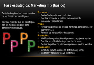 Fase estratégica: Marketing mix (básico)
Se trata de aplicar las consecuencias   Productos:
de las decisiones estratégicas.         • Rediseñar la cartera de productos.
                                        • Cambiar el diseño, la calidad o el rendimiento.
Hay que recordar que las estrategias    • Consolidar / estandarizar.
son los métodos elegidos para           Precio:
conseguir los objetivos.                • Revisar las políticas de precios (términos, condiciones, por
                                           segmentos…);
                                        • Políticas de penetración / descuentos.
                                        Promoción:
                                        • Modificar la organización del proceso o equipo de ventas.
                                        • Cambiar la publicidad o la promoción de venta.
                                        • Revisar la política de relaciones públicas, medios sociales…
                                        Distribución:
                                        • Introducir nuevos canales de distribución y venta.
                                        • Modificar y actualizar los ya existentes.
 