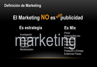 Definición de Marketing


     El Marketing NO es publicidad
         Es estrategia     Es Mix


      marketing
                           Precio
         Investigación
                           Producto/Servicio
         Posicionamiento
                           Distribución
         Segmentación
                           Promoción
         Valores
                           Personas
         Objetivos
                           Procesos
         Monitorización
                           Prestación o Entrega
                           Evidencias Físicas
 