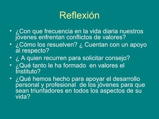Reflexión
• ¿Con que frecuencia en la vida diaria nuestros
jóvenes enfrentan conflictos de valores?
• ¿Cómo los resuelven? ¿ Cuentan con un apoyo
al respecto?
• ¿ A quien recurren para solicitar consejo?
• ¿Qué tanto le ha formado en valores el
Instituto?
• ¿Qué hemos hecho para apoyar el desarrollo
personal y profesional de los jóvenes para que
sean triunfadores en todos los aspectos de su
vida?
 
