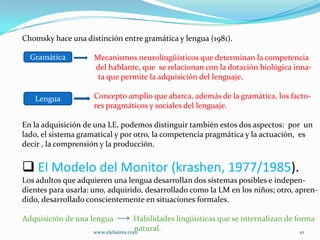 Chomsky hace una distinción entre gramática y lengua (1981).

  Gramática          Mecanismos neurolingüísticos que determinan la competencia
                     del hablante, que se relacionan con la dotación biológica inna-
                      ta que permite la adquisición del lenguaje.

   Lengua            Concepto amplio que abarca, además de la gramática, los facto-
                     res pragmáticos y sociales del lenguaje.

En la adquisición de una LE, podemos distinguir también estos dos aspectos: por un
lado, el sistema gramatical y por otro, la competencia pragmática y la actuación, es
decir , la comprensión y la producción.


 El Modelo del Monitor (krashen, 1977/1985).
Los adultos que adquieren una lengua desarrollan dos sistemas posibles e indepen-
dientes para usarla: uno, adquirido, desarrollado como la LM en los niños; otro, apren-
dido, desarrollado conscientemente en situaciones formales.

Adquisición de una lengua           Habilidades lingüísticas que se internalizan de forma
                                    natural.
                    www.elebaires.com                                                 10
 