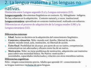 2. La lengua materna y las lenguas no
nativas.
Distinción entre Lengua segunda (L2) y Lengua extranjera (LE).
Lengua segunda: dos sistemas lingüísticos en contacto. Ej.: bilingüismo indígena.
No hay esfuerzo en la adquisición. Contexto natural y, a veces, institucional.
Lengua extranjera: aprendizaje en contexto institucional, realizado con esfuerzo.
Diferencias en el proceso de adquisición de la Lengua madre (LM) y la
Lengua extranjera (LE).

Diferencias externas:
1. Edad. Factor no decisivo en la adquisición del conocimiento lingüístico.
2. Contexto y situación. Niño: mundo real, familia, libertad de acción.
    Adulto: mundo irreal, aula, institución, no libertad de acción.
3. Éxito final. Posibilidad de alcanzar, por parte de un no nativo, competencias
    comunicativas tan adecuadas y eficaces como las de un nativo.
4. Motivación. Niño: no tiene problemas de motivación, adquisición casi instintiva
    para cubrir una necesidad básica. No Nativo: motivación =
    necesidades, capacidades intelectuales y relación con otros miembros nativos.
Diferencias cognitivas.
Niño : ningún conocimiento previo. Adulto que aprende LE : conocimiento de
su lengua materna e inclusive de otras lenguas.
                      www.elebaires.com                                           4
 