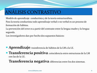 ANÁLISIS CONTRASTIVO
Modelo de aprendizaje conductista y de la teoría estructuralista.
Para la teoría conductista todo aprendizaje verbal o no verbal es un proceso de
formación de hábitos.
La prevención del error es a partir del contraste entre la lengua madre y la lengua
segunda.
Los investigadores dan por hecho dos supuestos básicos:



 Aprendizaje: transferencia de hábitos de la LM a la LE.
 Transferencia positiva: coincidencia entre estructuras de la LM
  con las de la LE.

  Transferencia negativa: diferencias entre los dos sistemas.

                      www.elebaires.com                                               6
 