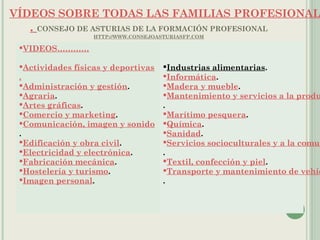 VÍDEOS SOBRE TODAS LAS FAMILIAS PROFESIONAL
. CONSEJO DE ASTURIAS DE LA FORMACIÓN PROFESIONAL
HTTP://WWW.CONSEJOASTURIASFP.COM
VIDEOS…………
Actividades físicas y deportivas
.
Administración y gestión.
Agraria.
Artes gráficas.
Comercio y marketing.
Comunicación, imagen y sonido
.
Edificación y obra civil.
Electricidad y electrónica.
Fabricación mecánica.
Hostelería y turismo.
Imagen personal.
Industrias alimentarias.
Informática.
Madera y mueble.
Mantenimiento y servicios a la produ
.
Marítimo pesquera.
Química.
Sanidad.
Servicios socioculturales y a la comun
.
Textil, confección y piel.
Transporte y mantenimiento de vehíc
.
 