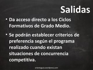 Salidas
• Da acceso directo a los Ciclos
Formativos de Grado Medio.
• Se podrán establecer criterios de
preferencia según el programa
realizado cuando existan
situaciones de concurrencia
competitiva.
orientaguia.wordpress.com

 