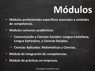 Módulos
• Módulos profesionales específicos asociados a unidades
de competencia.
• Módulos comunes académicos:
• Comunicación y Ciencias Sociales: Lengua Castellana,
Lengua Extranjera, y Ciencias Sociales.
• Ciencias Aplicadas: Matemáticas y Ciencias.
• Módulo de integración de competencias.
• Módulo de prácticas en empresas.
orientaguia.wordpress.com

 