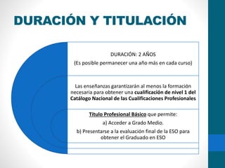 DURACIÓN Y TITULACIÓN
DURACIÓN: 2 AÑOS
(Es posible permanecer una año más en cada curso)
Las enseñanzas garantizarán al menos la formación
necesaria para obtener una cualificación de nivel 1 del
Catálogo Nacional de las Cualificaciones Profesionales
Título Profesional Básico que permite:
a) Acceder a Grado Medio.
b) Presentarse a la evaluación final de la ESO para
obtener el Graduado en ESO
 