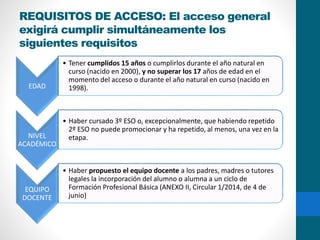 REQUISITOS DE ACCESO: El acceso general
exigirá cumplir simultáneamente los
siguientes requisitos
EDAD
• Tener cumplidos 15 años o cumplirlos durante el año natural en
curso (nacido en 2000), y no superar los 17 años de edad en el
momento del acceso o durante el año natural en curso (nacido en
1998).
NIVEL
ACADÉMICO
• Haber cursado 3º ESO o, excepcionalmente, que habiendo repetido
2º ESO no puede promocionar y ha repetido, al menos, una vez en la
etapa.
EQUIPO
DOCENTE
• Haber propuesto el equipo docente a los padres, madres o tutores
legales la incorporación del alumno o alumna a un ciclo de
Formación Profesional Básica (ANEXO II, Circular 1/2014, de 4 de
junio)
 