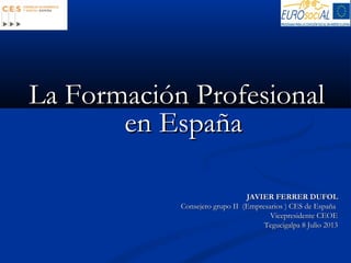 La Formación Profesional
en España
JAVIER FERRER DUFOL
Consejero grupo II (Empresarios ) CES de España
Vicepresidente CEOE
Tegucigalpa 8 Julio 2013

 