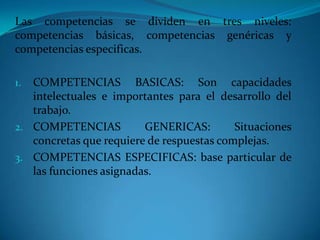 ENFOQUE DE COMPETENCIASCOMPETENCIA: Capacidad de actuar con eficiencia, eficacia y satisfacción sobre algún aspecto de la realidad, cada competencia es un aprendizaje complejo que integra habilidad, actitud y conocimientos básicos. Es de resaltar que el rasgo esencial de la competencia es la relación entre teoría y practica. Para desarrollar la competencia se debe tener en cuenta los criterios y evidencias puesto que son la base para determinar si se ha cumplido con ella.