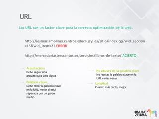 URL
Las URL son un factor clave para la correcta optimización de la web.
Arquitectura
Debe seguir una
arquitectura web lógica
Palabras clave
Debe tener la palabra clave
en la URL, mejor si está
separada por un guion
medio.
No abuses de la palabra clave
No repitas la palabra clave en la
URL varias veces
Longitud
Cuanto más corto, mejor.
http://iesmariamoliner.centros.educa.jcyl.es/sitio/index.cgi?wid_seccion
=15&wid_item=23 ERROR
http://mercedariastrescantos.es/servicios/libros-de-texto/ ACIERTO
 