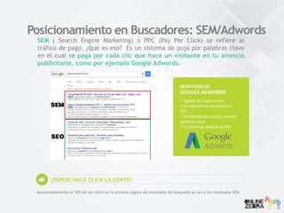 Posicionamiento en Buscadores: SEM/Adwords
¿DÓNDE HACE CLICK LA GENTE?
Aproximadamente el 30% de los clicks en la primera página de resultados de búsqueda se van a los resultados SEM.
SEM ( Search Engine Marketing) o PPC (Pay Per Click) se refiere al
tráfico de pago. ¿Qué es eso? Es un sistema de puja por palabras clave
en el cual se paga por cada clic que hace un visitante en tu anuncio
publicitario, como por ejemplo Google Adwords.
BENEFICIOS DE
Rápido de implementar
Complemento ideal para el
SEO
Posibilidad de analizar nuevas
palabras clave
Facilidad de analizar el ROI
GOOGLE ADWORDS
 