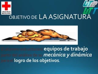OBJETIVO DE LA ASIGNATURA
El alumno estructurará equipos de trabajo, a
partir del análisis de su mecánica y dinámica,
para el logro de los objetivos.
 
