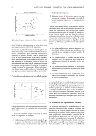 32 CAPÍTULO 1. EL PODER Y LA POLÍTICA. CONFLICTOS. SOCIEDAD CIVIL.
Eﬁciencia de los gastos sociales en los distintos modelos sociales.
otros. Por esto se entiende que con un menor gasto social
se consiga una mayor reducción de la pobreza.
En este caso, el gráﬁco de la derecha muestra que los mo-
delos anglosajón y nórdico son más eﬁcientes que el con-
tinental y mediterráneo, pero sobre todo muestra que el
continental es el menos eﬁciente. Dado su elevado gasto
social, se esperaría una mayor reducción de la pobreza
que la que consigue este modelo. Obsérvese como el mo-
delo anglosajón se encuentra por encima de la línea tra-
zada, indicando que reduce más de lo esperado (teniendo
en cuenta el resto de modelos) la pobreza. En cambio el
modelo continental se encuentra por debajo de la línea y
más alejado que el modelo mediterráneo, indicando que
es el que menos reduce la pobreza dado su gasto social.
Protección contra los riesgos del mercado de trabajo
Como se puede observar, existe una relación inversa entre protec-
ción al empleo y número de trabajadores que reciben subsidios
de desempleo.
La protección contra los riesgos del mercado de trabajo
puede ser, en general, de dos tipos:
1. Mediante regulación del mercado de trabajo (lo que
se conoce con el nombre de protección del traba-
jo); básicamente, con el incremento de los costes de
despido para las empresas.
2. Mediante seguros de desempleo, que en este caso
protegen al trabajador desempleado y se suele ﬁ-
nanciar mediante impuestos a los trabajadores con
empleo.
Como se observa en el gráﬁco, existe un claro trade-oﬀ
(palabra frecuente en la jerga económica que signiﬁca sa-
criﬁcar algo por conseguir otro objetivo) entre estos dos
instrumentos de protección del mercado de trabajo; ob-
sérvese cómo se podría trazar una línea de media con
pendiente negativa. Como se observa, los distintos países
europeos han seleccionado distintas medidas de protec-
ción (se observan distintos puntos en el gráﬁco). En esta
elección, las diferencias se pueden resumir de la siguiente
forma:
• Los países mediterráneos preﬁeren una mayor pro-
tección del trabajo, mientras que un número muy
reducido de sus trabajadores reciben subsidios de
desempleo.
• Los países nórdicos, en cambio, protegen poco al
trabajador, pero, sin embargo, la mayor parte de sus
trabajadores en situación de desempleo reciben sub-
sidios.
• Los países continentales presentan un nivel ligera-
mente más elevado de ambas variables que la media
europea.
• Los países anglosajones basan su protección en los
subsidios de desempleo, con un nivel muy reducido
de protección del trabajo.
La evaluación de ambas medidas de protección es com-
plicada. En general, existe un consenso entre economistas
en que la protección del trabajo genera ineﬁciencia en las
empresas: puesto que las empresas no pueden despedir a
los trabajadores libremente, quizá decidan no despedir a
pesar de no necesitar a tales trabajadores, dañando su eﬁ-
ciencia. No existe tal consenso en cuanto a si la protección
del trabajo genera un mayor desempleo que la protección
del trabajador.
Las recompensas por la participación al trabajo
Los incentivos al trabajo y las recompensas por la par-
ticipación al trabajo de cada modelo se pretenden ana-
lizar a través de lo que se deﬁne como ratio de empleo
por población, como en el gráﬁco adjunto. Allí se com-
paran los diferentes grupos de países a través de dos ta-
sas deﬁnidas particularmente con este objeto: una tasa
de empleo (entendida como el porcentaje de trabajadores
ocupados sobre la población en edad laboral) y una tasa
de desempleo (entendida como el porcentaje de trabaja-
dores desempleados sobre la población en edad laboral).
 