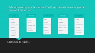 Seleccionat el registre, la informació està estructurada en molts apartats,
depenent del recurs:
7. Estructura del registre-7
Llibre Article Fons antic Revistes eLlibre
 