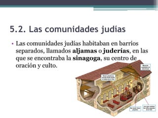5.2. Las comunidades judías
• Las comunidades judías habitaban en barrios
  separados, llamados aljamas o juderías, en las
  que se encontraba la sinagoga, su centro de
  oración y culto.
 