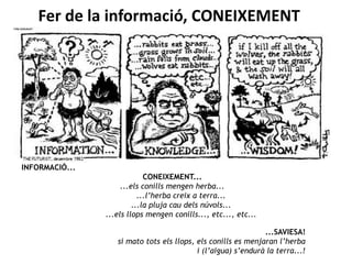 Fer de la informació, CONEIXEMENT
INFORMACIÓ...
CONEIXEMENT...
...els conills mengen herba...
...l’herba creix a terra...
...la pluja cau dels núvols...
...els llops mengen conills..., etc..., etc...
...SAVIESA!
si mato tots els llops, els conills es menjaran l’herba
i (l’aigua) s’endurà la terra...!
 