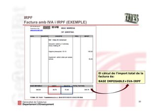 20
IRPF
Factura amb IVA i IRPF (EXEMPLE)
El càlcul de l’import total de la
factura és:
BASE IMPOSABLE+IVA-IRPF
 