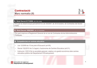 3
Contractació
Marc normatiu (II)
Pel qual es desenvolupa parcialment la Llei 30/2007, de 30 d’octubre, de Contractes del Sector
Públic.
Reial Decret 817/2009, de 8 de maig
Pel qual s’aprova el Reglament General de la Llei de Contractes de les Administracions
Públiques.
Reial Decret 1098/2001, de 12 d’octubre
• Llei 12/2009 de 10 de juliol d’Educació (art.90).
• Decret 102/2010 de 3 d’agost, d’autonomia de Centres Educatius (art.51).
• Instruccio 1/2014 De la secretària general, relativa a la gestió econòmica dels centres
educatius públics del Departament d’Ensenyament.
Competències en centres educatius
 