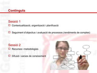 Continguts 
Sessió 1 
 Contextualització, organització i planificació 
 Seguiment d’objectius i avaluació de processos (rendiments de comptes) 
Sessió 2 
 Recursos i metodologies 
 Difusió i xarxes de coneixement 
 