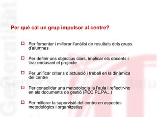 Per què cal un grup impulsor al centre? 
 Per fomentar i millorar l’anàlisi de resultats dels grups 
d’alumnes 
 Per definir uns objectius clars, implicar els docents i 
tirar endavant el projecte 
 Per unificar criteris d’actuació i treball en la dinàmica 
del centre 
 Per consolidar una metodologia a l’aula i reflectir-ho 
en els documents de gestió (PEC,PL,PA...) 
 Per millorar la supervisió del centre en aspectes 
metodològics i organitzatius 
 