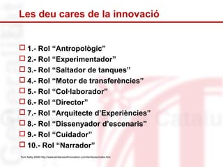 Les deu cares de la innovació 
1.- Rol “Antropològic” 
2.- Rol “Experimentador” 
3.- Rol “Saltador de tanques” 
4.- Rol “Motor de transferències” 
5.- Rol “Col·laborador” 
6.- Rol “Director” 
7.- Rol “Arquitecte d’Experiències” 
8.- Rol “Dissenyador d’escenaris” 
9.- Rol “Cuidador” 
10.- Rol “Narrador” 
Tom Kelly 2006 http://www.tenfacesofinnovation.com/tenfaces/index.htm 
 
