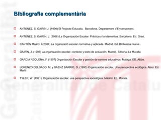 Bibliografia ccoommpplleemmeennttààrriiaa 
 ANTÚNEZ, S. GAIRÍN J. (1990) El Projecte Educatiu. Barcelona, Departament d’Ensenyament. 
 ANTÚNEZ, S. GAIRÍN, J. (1996) La Organización Escolar. Pràctica y fundamentos. Barcelona. Ed. Graó, 
 CANTÓN MAYO, I.(2004) La organizació escolar normativa y aplicada. Madrid. Ed. Biblioteca Nueva . 
 GAIRÍN, J. (1996) La organización escolar: contexto y texto de actuación. Madrid. Editorial La Muralla 
 GARCIA REQUENA, F. (1997) Organización Escolar y gestión de centros educativos. Málaga. ED. Aljibe. 
 LORENZO DELGADO, M. y SÁENZ BARRIO, O. (1993) Organización escolar. Una perspectiva ecológica. Alcoi. Ed. 
Marfil 
 TYLER, W. (1991). Organización escolar: una perspectiva sociológica. Madrid. Ed. Morata. 
 