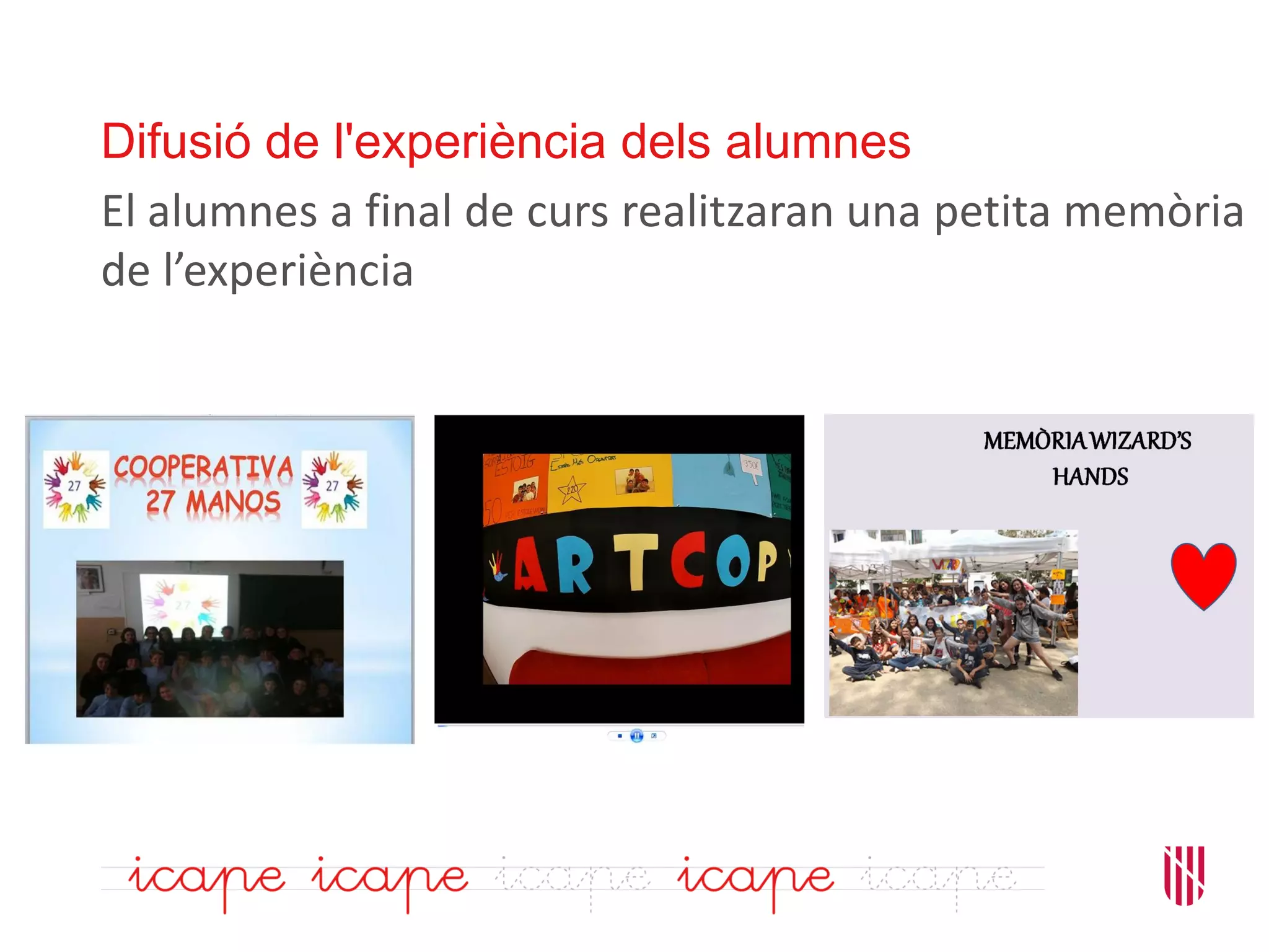 Difusió de l'experiència dels alumnes
El alumnes a final de curs realitzaran una petita memòria
de l’experiència
 