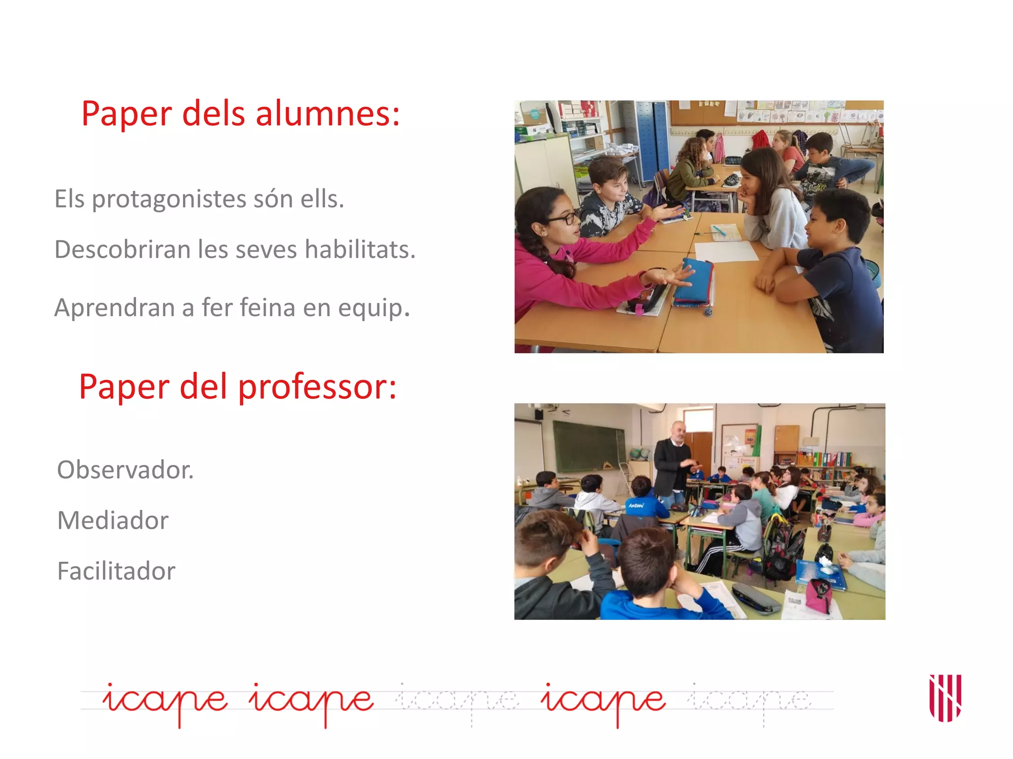 Paper dels alumnes:
Els protagonistes són ells.
Descobriran les seves habilitats.
Aprendran a fer feina en equip.
Observador.
Mediador
Facilitador
Paper del professor:
 