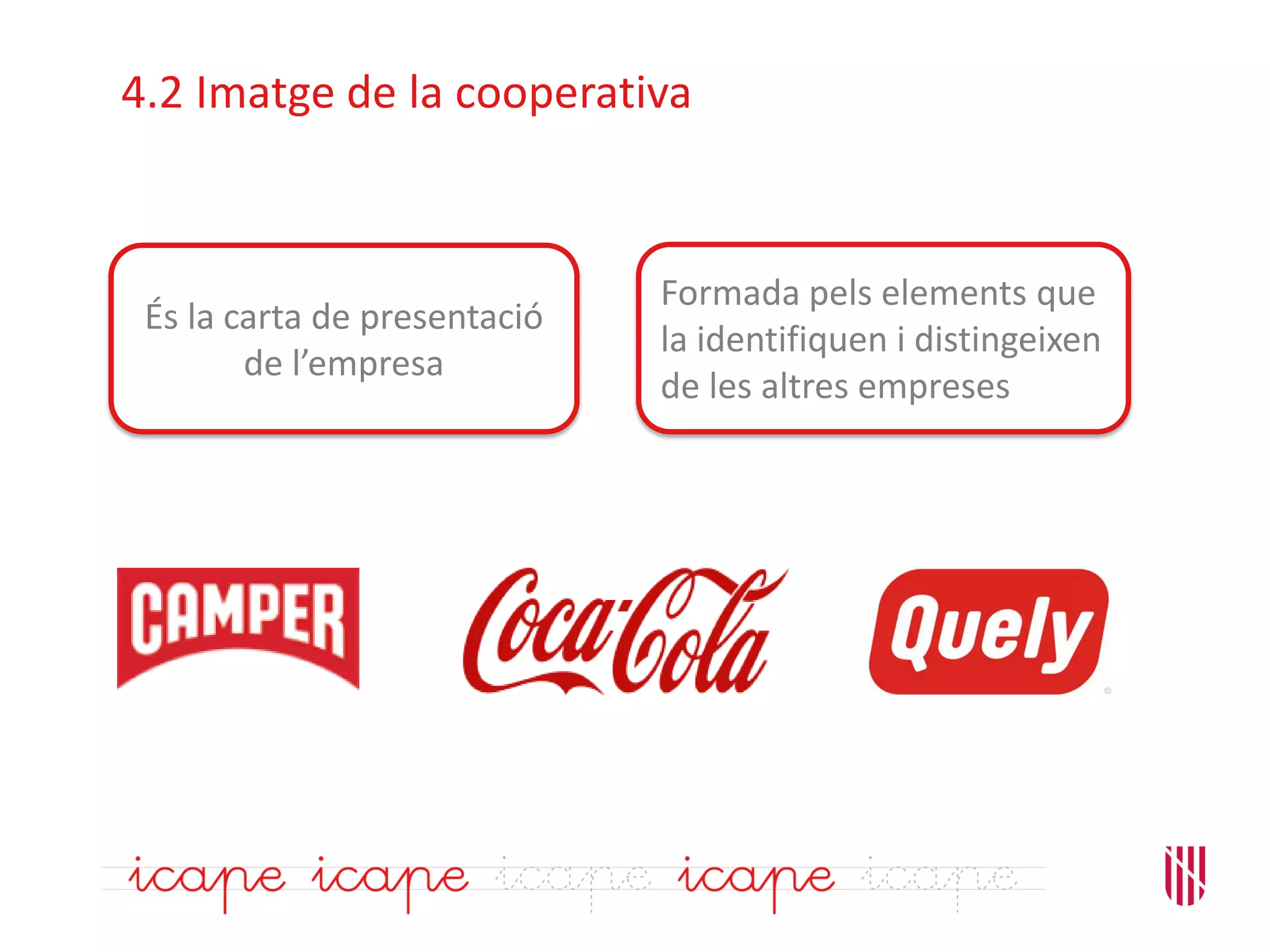 4.2 Imatge de la cooperativa
És la carta de presentació
de l’empresa
Formada pels elements que
la identifiquen i distingeixen
de les altres empreses
 