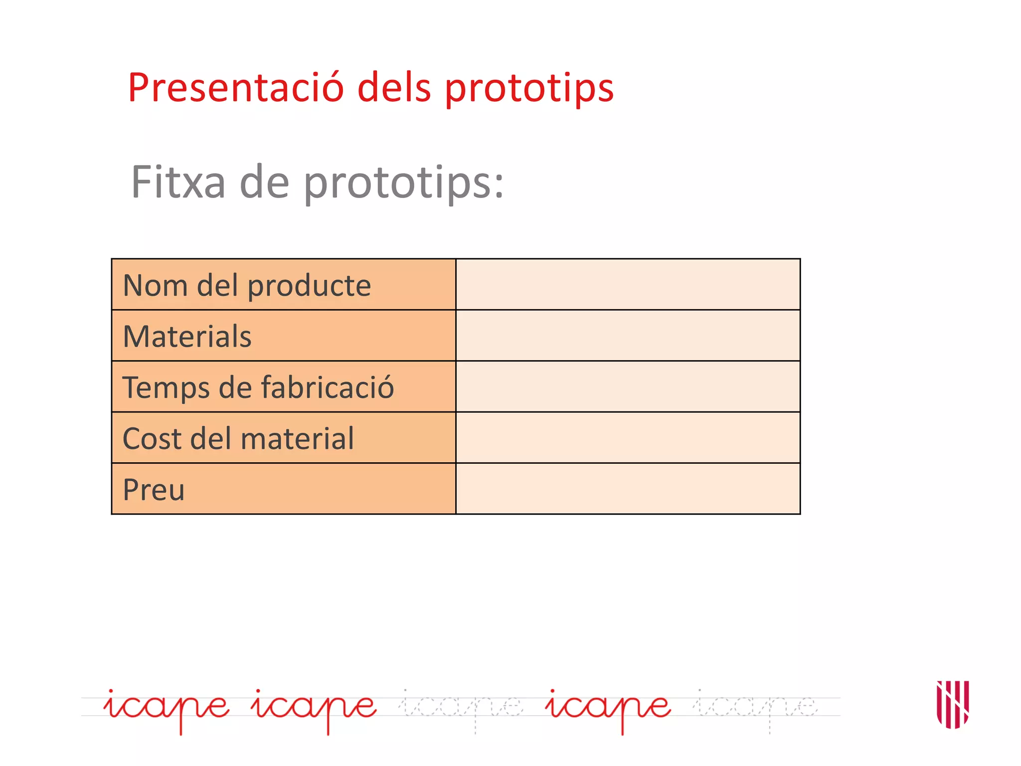Fitxa de prototips:
Presentació dels prototips
Nom del producte
Materials
Temps de fabricació
Cost del material
Preu
 