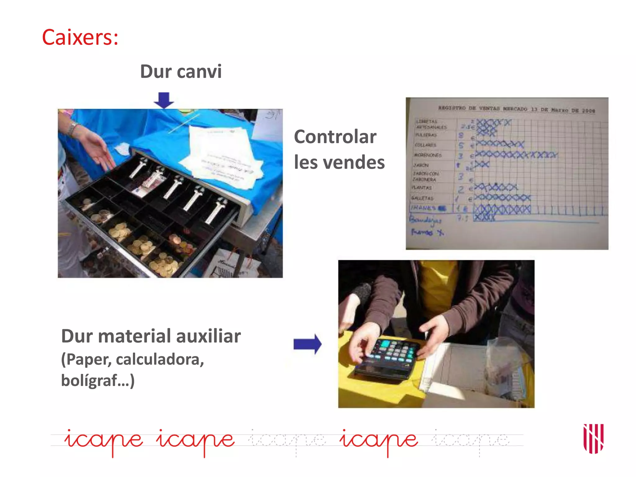 Caixers:
Dur canvi
Dur material auxiliar
(Paper, calculadora,
bolígraf…)
Controlar
les vendes
 