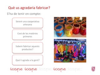 Què us agradaria fabricar?
S’ha de tenir en compte:
Cost de les matèries
primeres
Serem una cooperativa
artesana
Sabem fabricar aquests
productes?
Què li agrada a la gent?
 