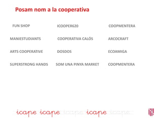 Posam nom a la cooperativa
FUN SHOP
MANIESTUDIANTS
ARTS COOPERATIVE
SUPERSTRONG HANDS
DOSDOS
ICOOPER620
COOPERATIVA CALÓS
SOM UNA PINYA MARKET COOPMENTERA
ECOAMIGA
ARCOCRAFT
COOPMENTERA
 