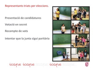 Representants triats per eleccions.
Presentació de candidatures
Votació en secret
Recompte de vots
Intentar que la junta sigui paritària
 