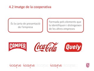 4.2 Imatge de la cooperativa
És la carta de presentació
de l’empresa
Formada pels elements que
la identifiquen i distingeixen
de les altres empreses
 