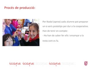Procés de producció:
Per Nadal (aprox) cada alumne pot preparar
un o varis prototips per dur a la cooperativa.
Han de tenir en compte:
- Ho han de saber fer ells i ensenyar a la
resta com es fa.
 