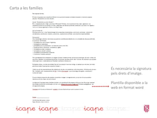 Carta a les famílies
És necessària la signatura
pels drets d’imatge.
Plantilla disponible a la
web en format word
 