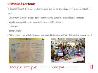 Distribució per torns
El dia del mercat distribuirem les tasques per torns. Les tasques mínimes a establir
són:
- Decoració, (serà el primer torn i decoraran la paradeta en arribar al mercat)
- Venda, en aquest torn estaran els caixers i el venedors
-Publicitat
- Temps lliure
- Si la cooperativa vol definir més responsabilitats ho pot fer ( fotografia, seguretat...)
 