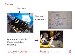 Caixers:
Dur canvi
Dur material auxiliar
(Paper, calculadora,
bolígraf…)
Controlar
les vendes
 