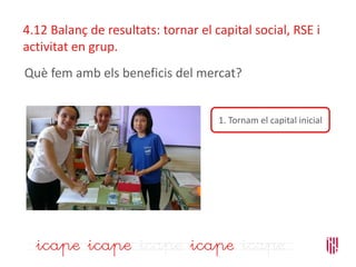 4.12 Balanç de resultats: tornar el capital social, RSE i
activitat en grup.
Què fem amb els beneficis del mercat?
1. Tornam el capital inicial
 