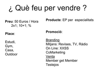 ¿ Què feu per vendre ?
Preu: 50 Euros / Hora
2x1; 10+1; %
Producte: EP per especialitats
Place:
Estudi,
Gym,
Casa,
Outdoor
Promoció:
Branding
Mitjans: Revises, TV, Ràdio
On Line: XXSS
CoMarketing
Venta
Member get Member
Testejos
 