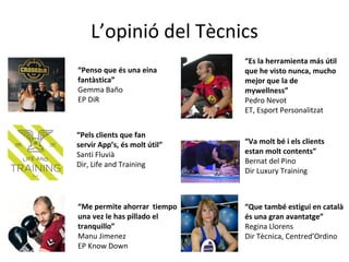 L’opinió del Tècnics
“Penso que és una eina
fantàstica”
Gemma Baño
EP DiR
“Pels clients que fan
servir App’s, és molt útil”
Santi Fluvià
Dir, Life and Training
“Me permite ahorrar tiempo
una vez le has pillado el
tranquillo”
Manu Jimenez
EP Know Down
“Que també estigui en català
és una gran avantatge”
Regina Llorens
Dir Tècnica, Centred’Ordino
“Va molt bé i els clients
estan molt contents”
Bernat del Pino
Dir Luxury Training
“Es la herramienta más útil
que he visto nunca, mucho
mejor que la de
mywellness”
Pedro Nevot
ET, Esport Personalitzat
 